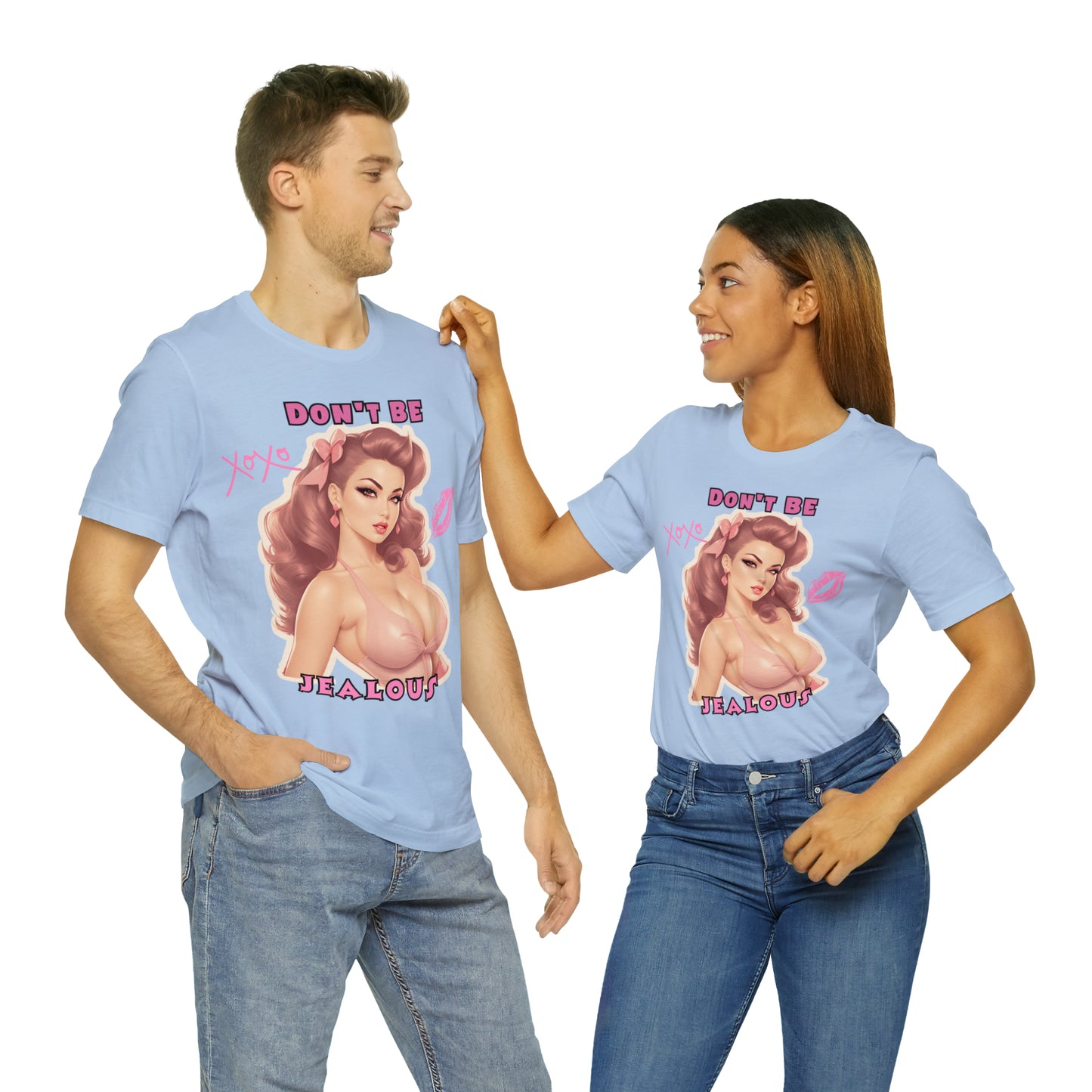 Timeless Elegance: Vintage Pink Pinup Girl "Don't Be Jealous" on a Bella+Canva 3001 Unisex Jersey T-Shirt - A Must-Have Gift for her