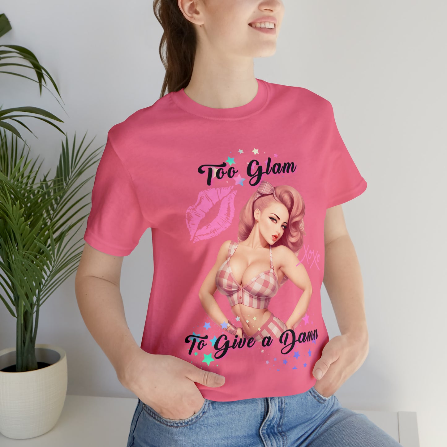 Vintage Pink Pinup Girl "Too Glam To Give a D*mn" on a Bella+Canva 3001 Unisex Jersey T-Shirt - A Must-Have Gift for her