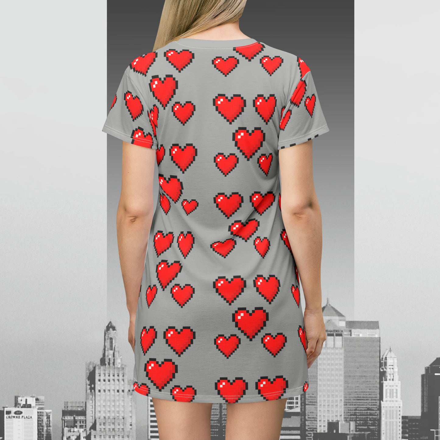 8 bit Heart Dress in Light Grey T-Shirt Dress (AOP)