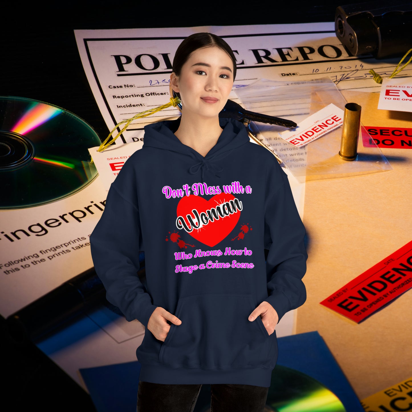 Don't Mess With a Woman who knows how to stage a Crime Scene Unisex Heavy Blend™ Hooded Sweatshirt Gifts for Him Gifts for her