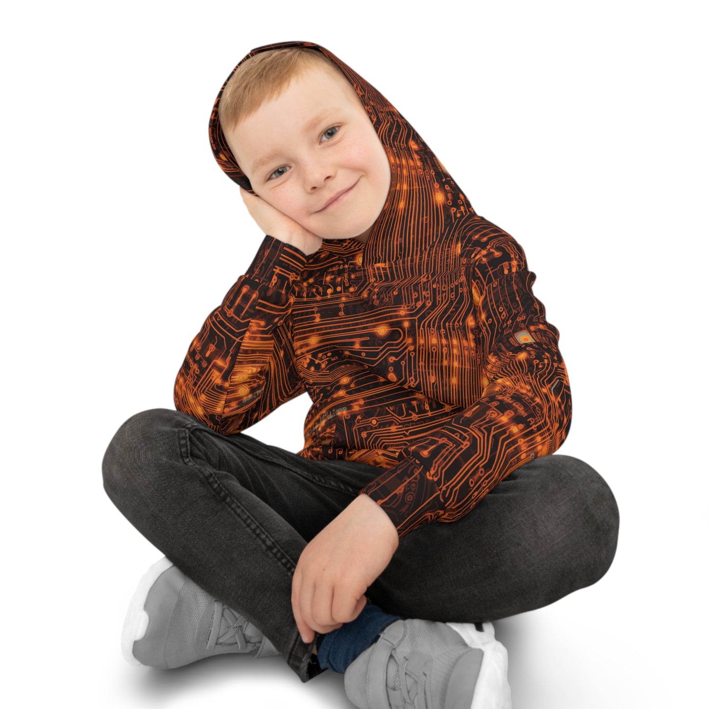 Tech Adventure Awaits: All Over Print Children's Hoodie with Orange Circuit Board and Robotic Bug Children's Hoodie (AOP)