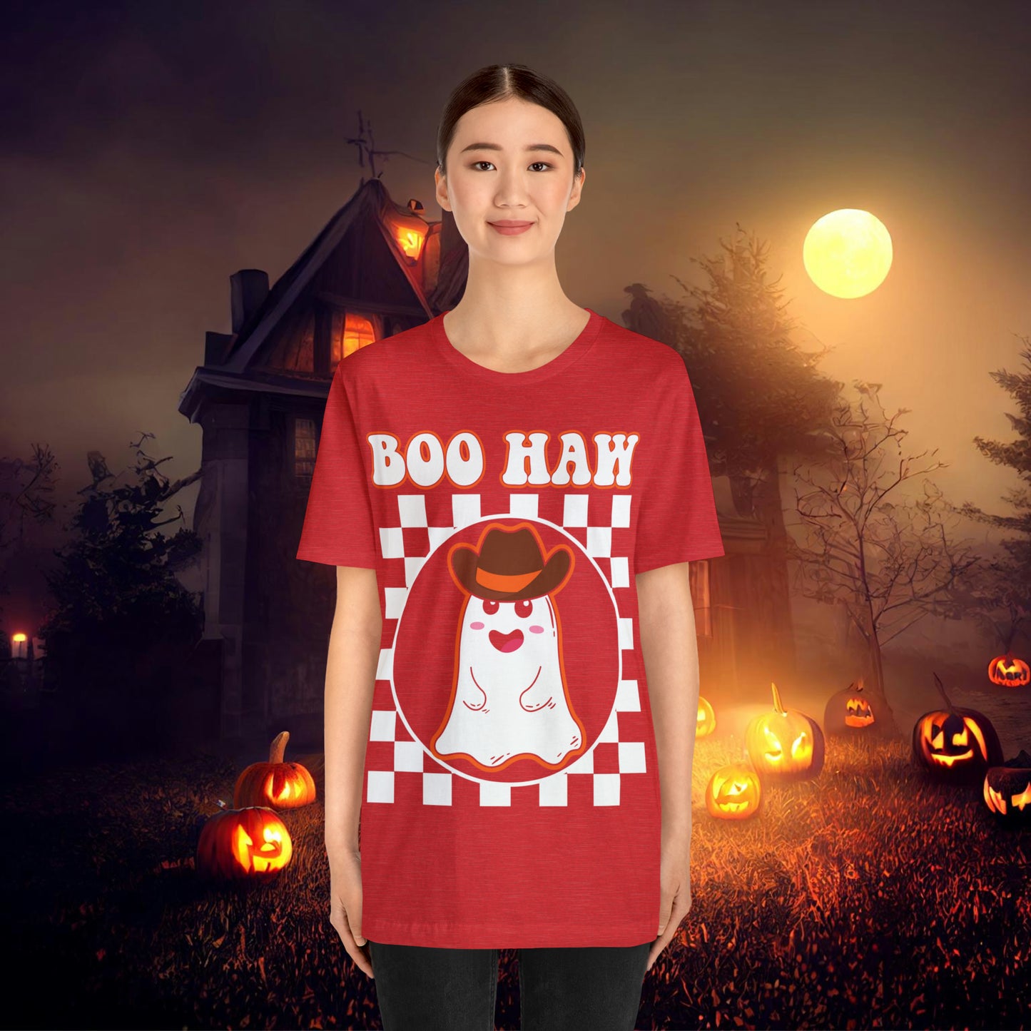 Cute Cowboy Ghost Saying Boo Haw Retro Groovy Western Halloween Unisex Jersey Short Sleeve Tee Gifts for Him Gifts For Her