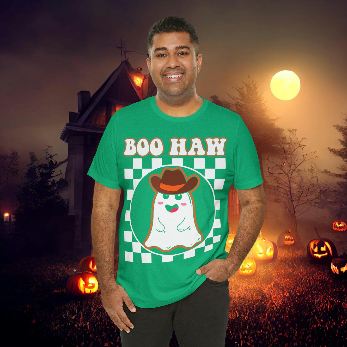 Cute Cowboy Ghost Saying Boo Haw Retro Groovy Western Halloween Unisex Jersey Short Sleeve Tee Gifts for Him Gifts For Her