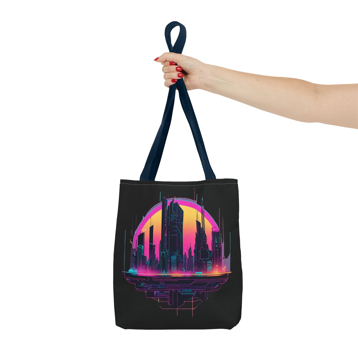 Cyberpunk City Landscape AOP Tote Bag 3 sizes 5 color handle options