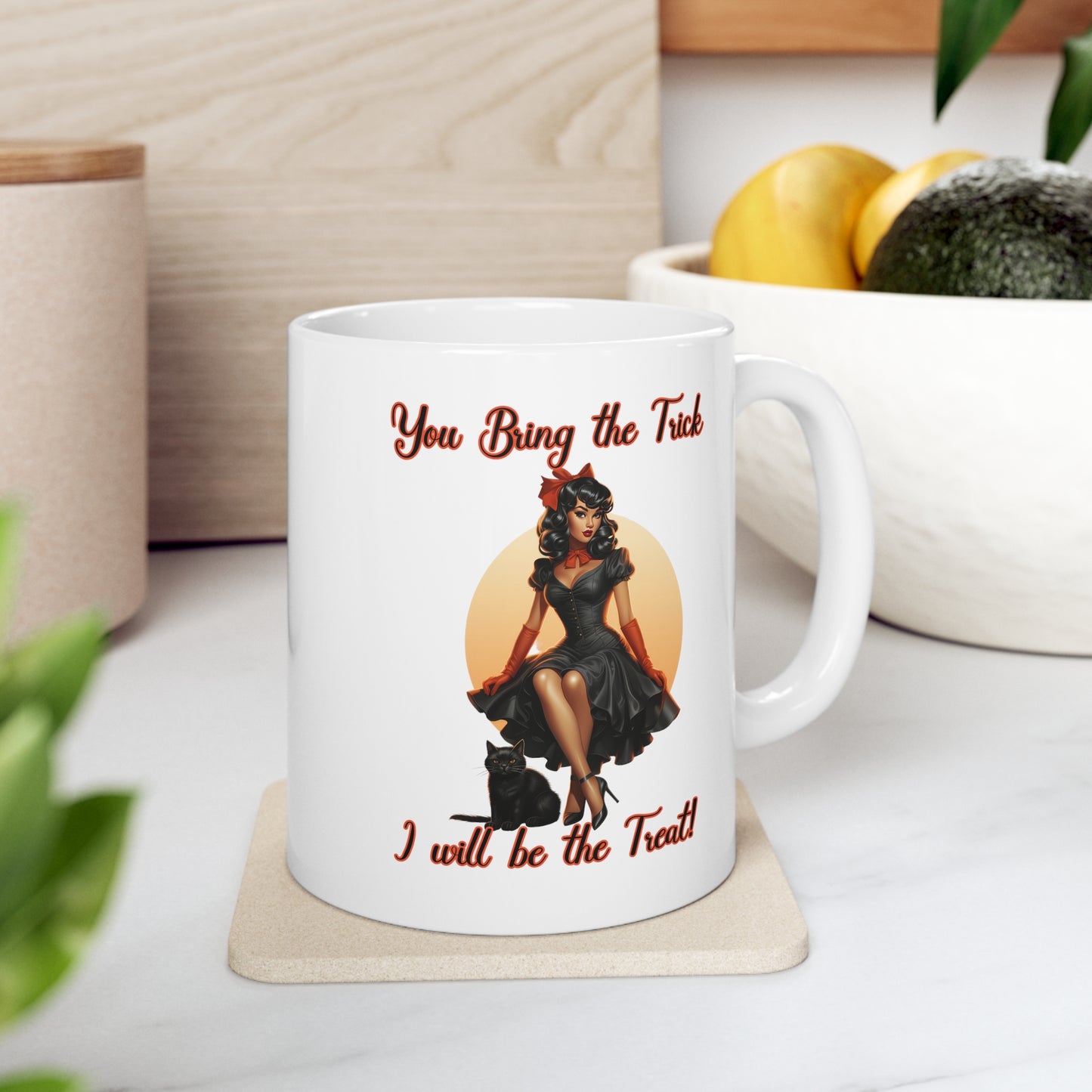 Vintage Pinup Witch: Sip Your Spells in Style "You bring the Trick I will be the Treat" Halloween Ceramic 11oz Mug gifts for her