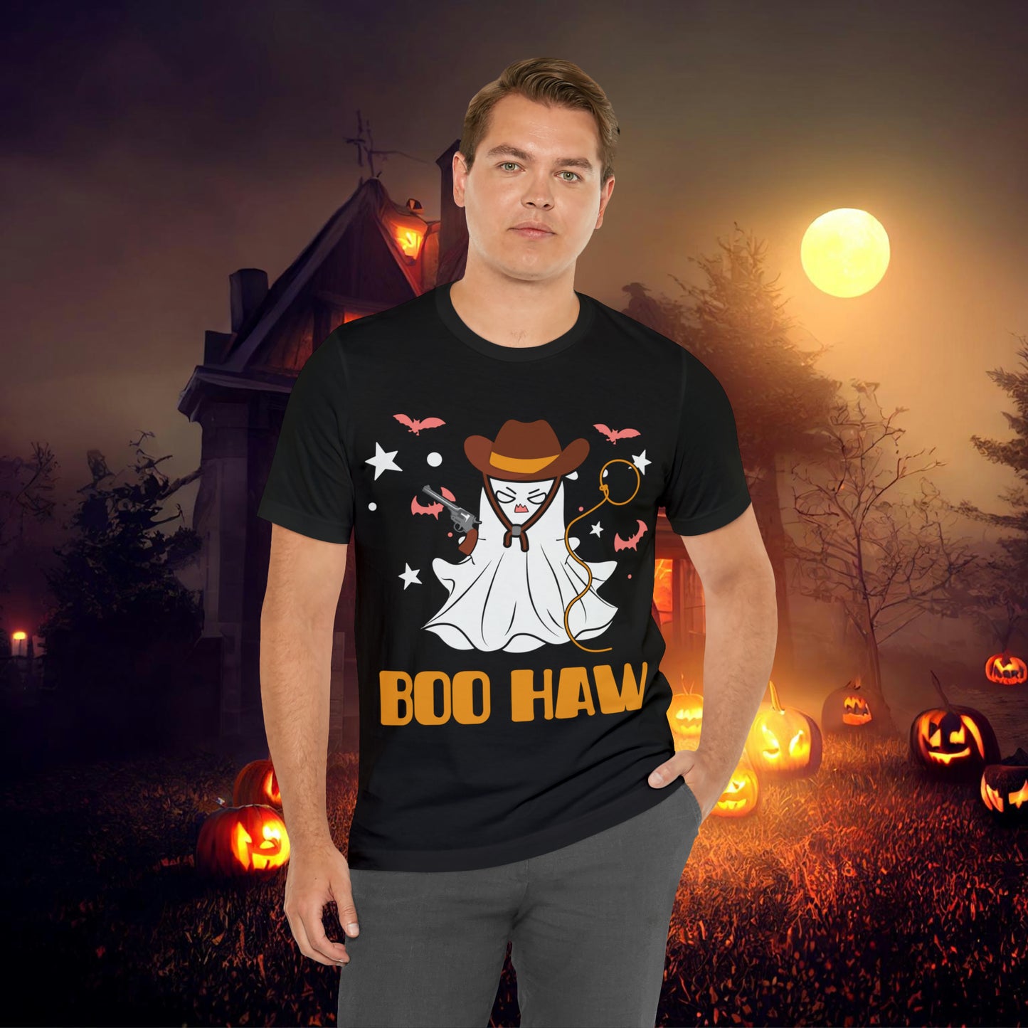 Ghost Cowboy Gunslinger saying Boo Haw Retro Western Halloween Unisex Jersey Short Sleeve Tee Gifts for Her Gifts for Him