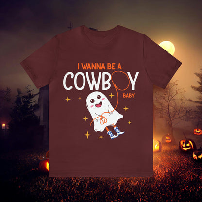 Little Ghost Saying I wanna be a cowboy baby Retro Groovy Western Halloween Unisex Jersey Short Sleeve Tee Gifts for Him Gifts for her.