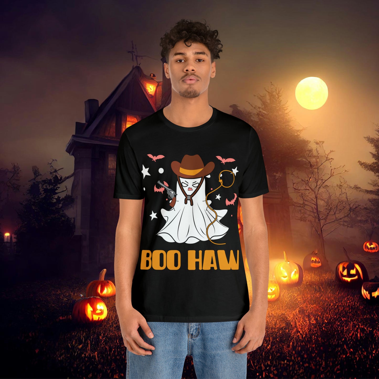 Ghost Cowboy Gunslinger saying Boo Haw Retro Western Halloween Unisex Jersey Short Sleeve Tee Gifts for Her Gifts for Him