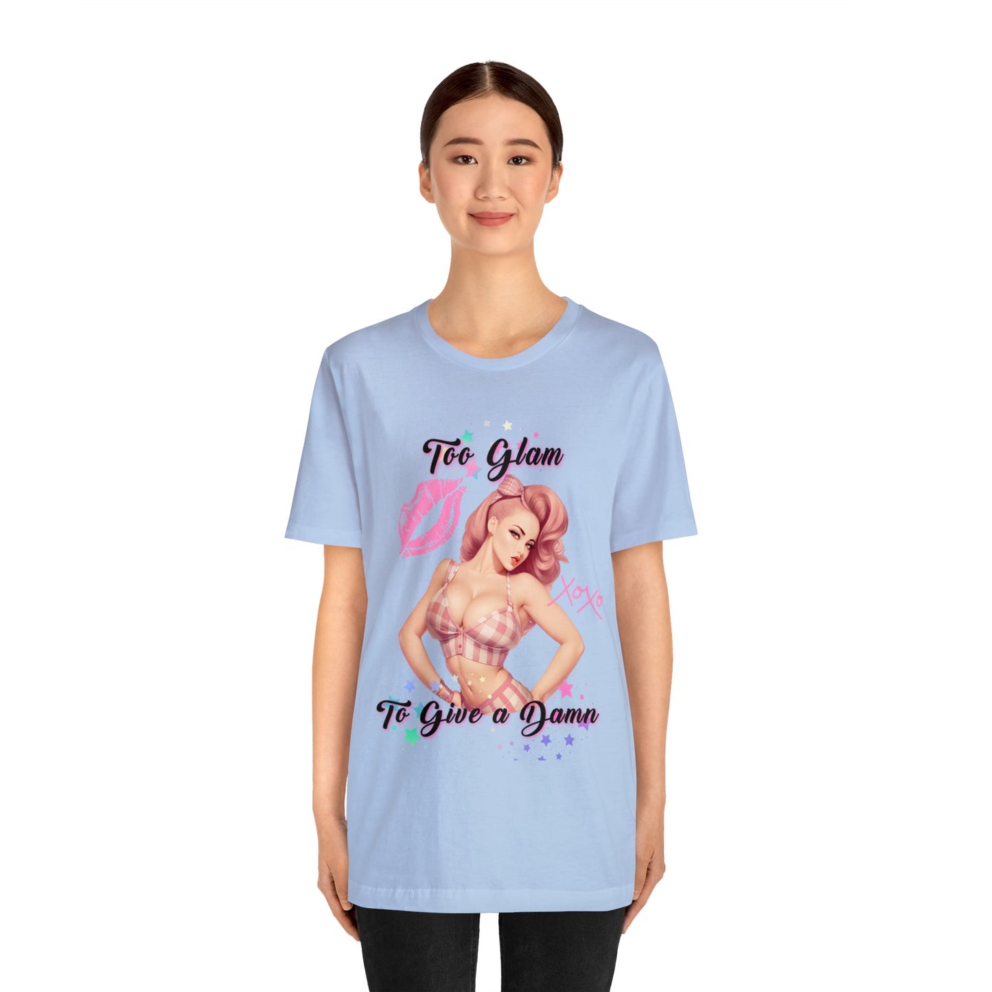 Vintage Pink Pinup Girl "Too Glam To Give a D*mn" on a Bella+Canva 3001 Unisex Jersey T-Shirt - A Must-Have Gift for her