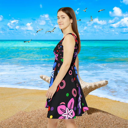 Good Times Good Vibes Feeling Groovy Retro Colorful Flowers Women's Skater Dress (AOP)
