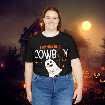 Little Ghost Saying I wanna be a cowboy baby Retro Groovy Western Halloween Unisex Jersey Short Sleeve Tee Gifts for Him Gifts for her.
