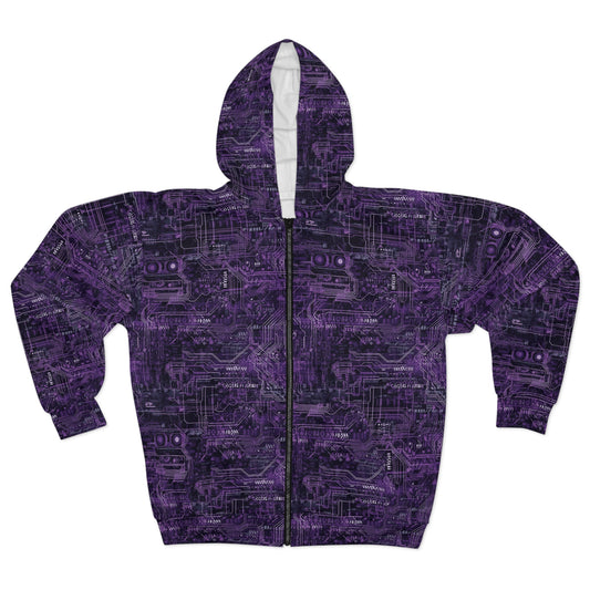 CyberPunk Cybernetic Skull breaking through a Purple Neon Circuit Board Unisex Zip Hoodie (AOP)