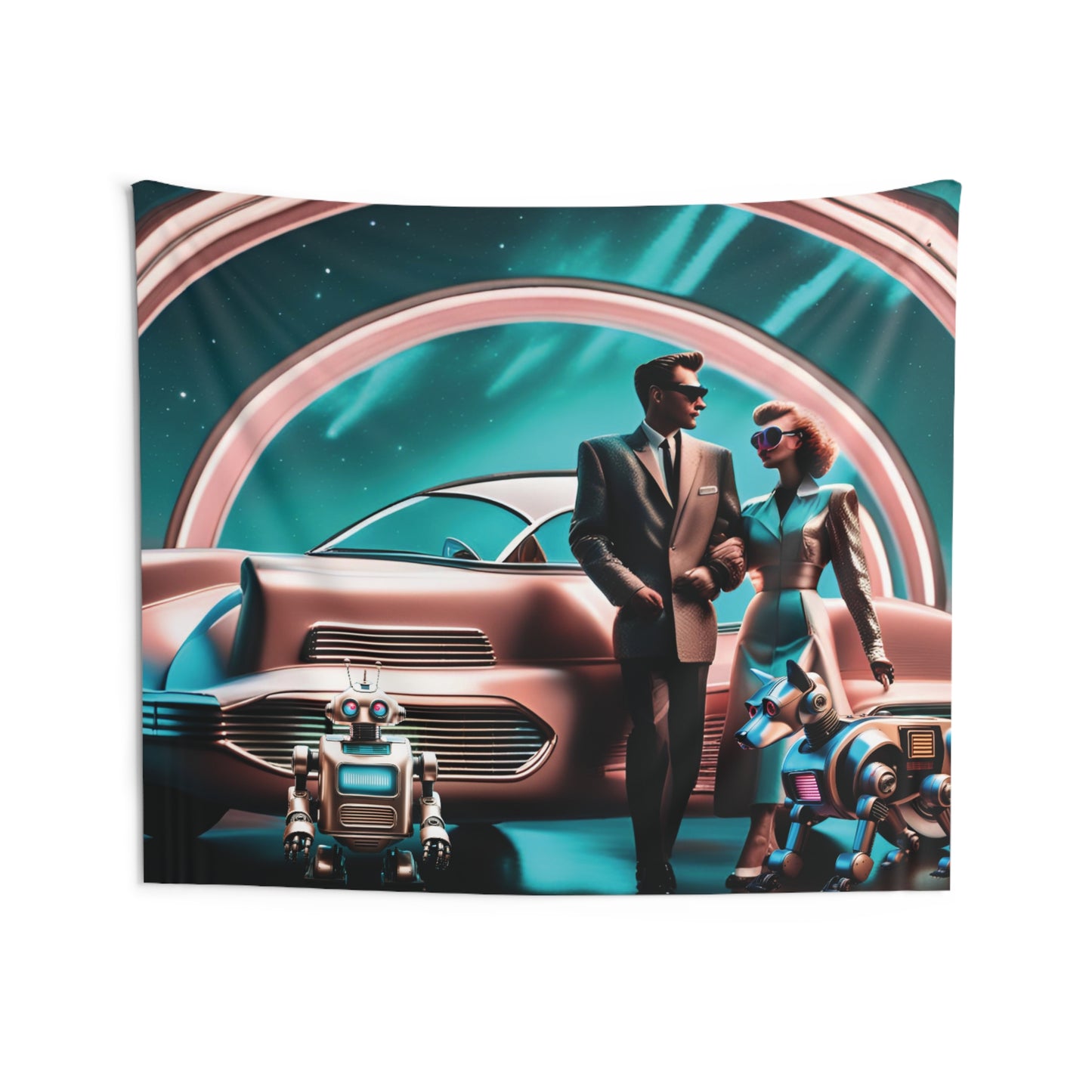 Retro-Futuristic Romance: Indoor Tapestry of a 50's Couple in a Futuristic World