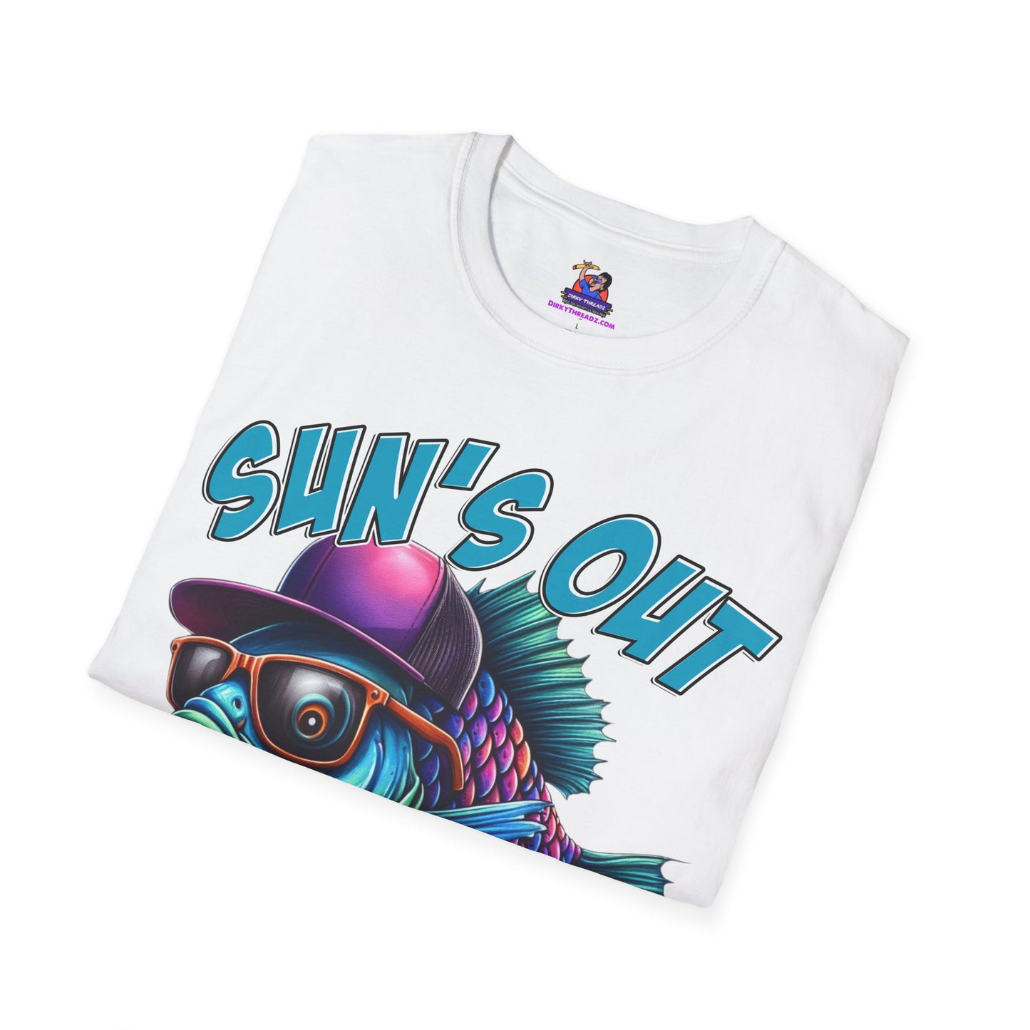 Sun's Out Guns Out Unisex Softstyle T-Shirt Fishing humor, Fisherman Gift Pun T-Shirt Funny Fish Tee Fishy Vibes Unique Unisex Tee