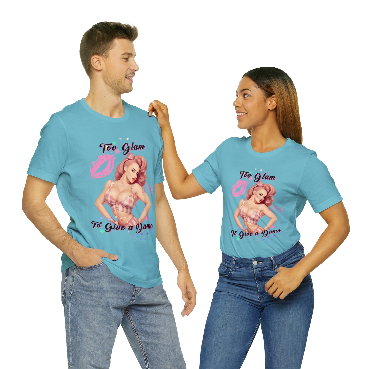 Vintage Pink Pinup Girl "Too Glam To Give a D*mn" on a Bella+Canva 3001 Unisex Jersey T-Shirt - A Must-Have Gift for her