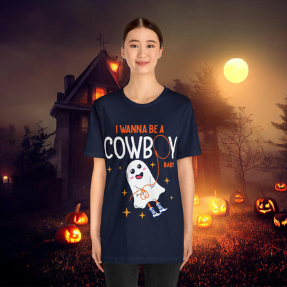 Little Ghost Saying I wanna be a cowboy baby Retro Groovy Western Halloween Unisex Jersey Short Sleeve Tee Gifts for Him Gifts for her.