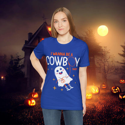 Little Ghost Saying I wanna be a cowboy baby Retro Groovy Western Halloween Unisex Jersey Short Sleeve Tee Gifts for Him Gifts for her.