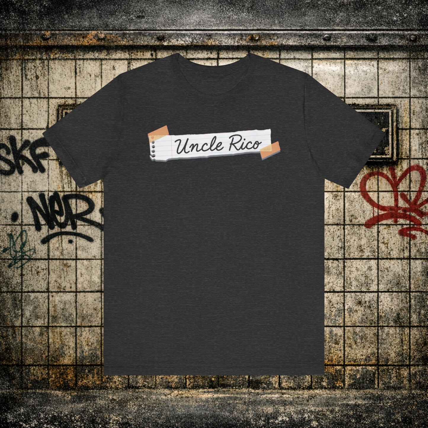 Uncle Rico Graphic Tee — Retro Notebook Tape Design