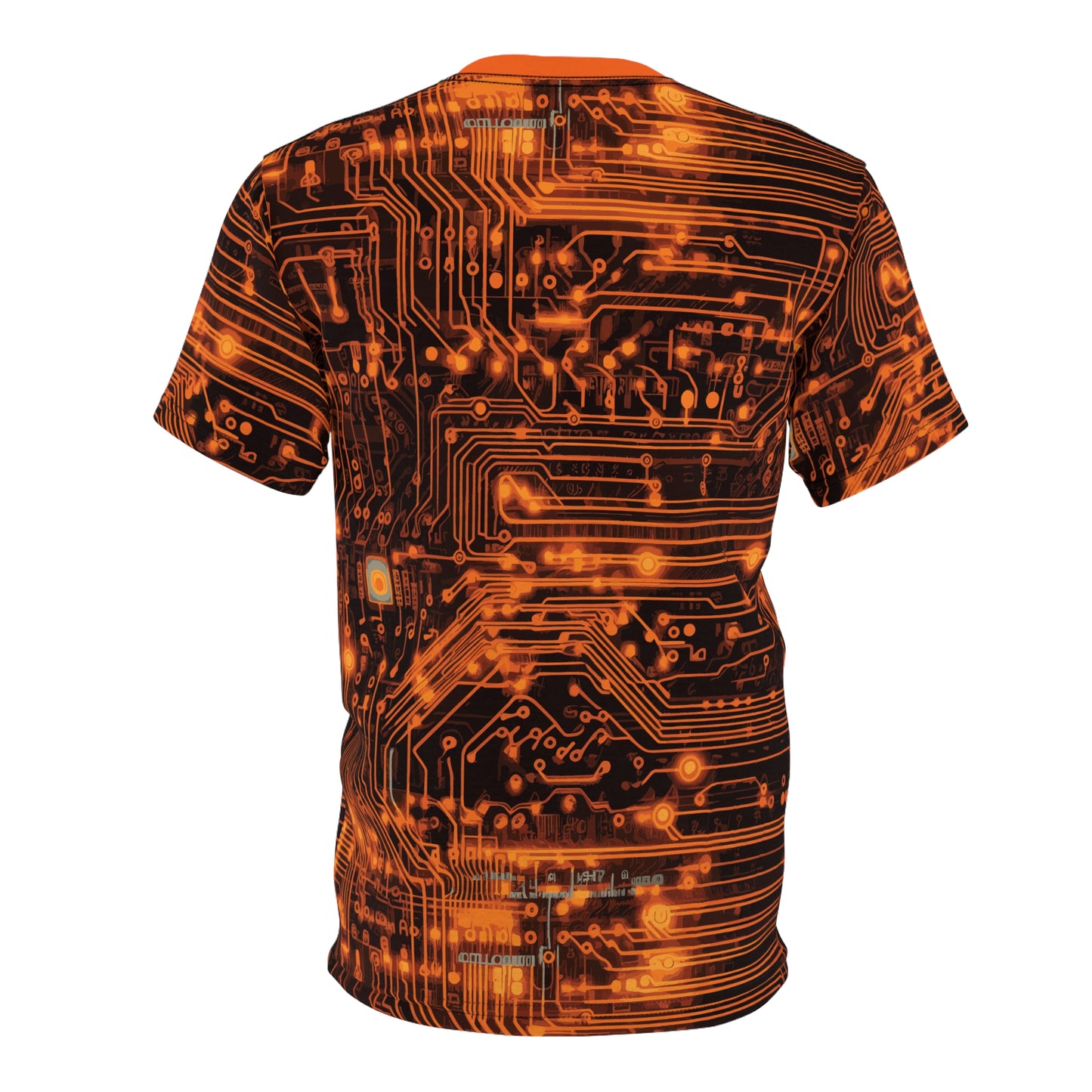 CyberPunk Cybernetic Skull breaking through a Orange Neon Circuit Board Unisex Cut & Sew Tee (AOP) Gifts for her Gifts for Him