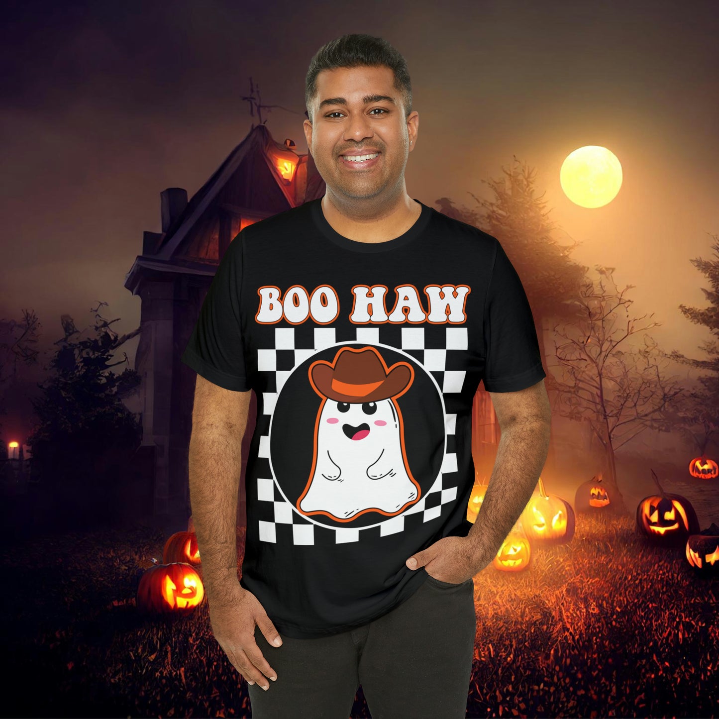 Cute Cowboy Ghost Saying Boo Haw Retro Groovy Western Halloween Unisex Jersey Short Sleeve Tee Gifts for Him Gifts For Her