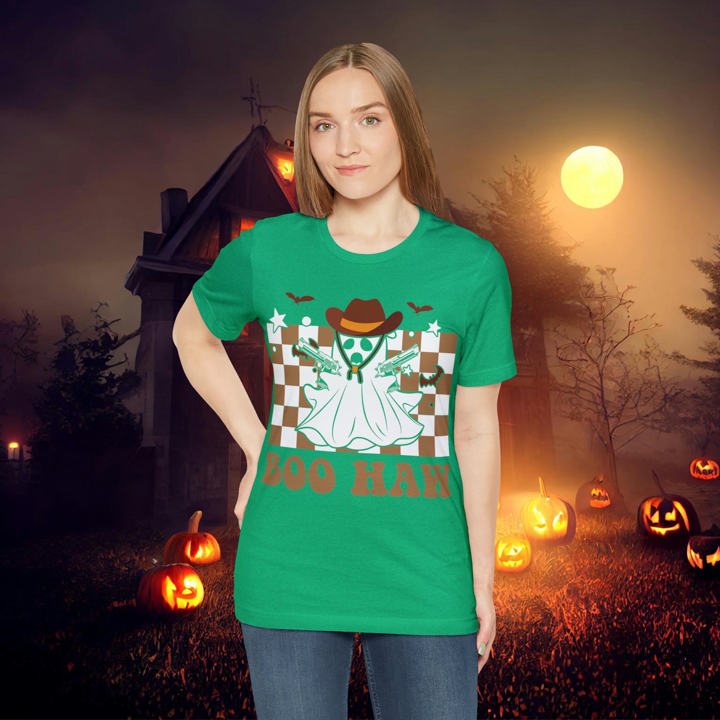 Cowboy Gunslinging Ghost saying Boo Haw Retro Western Halloween Unisex Jersey Short Sleeve Tee Gifts for Him Gifts for Her