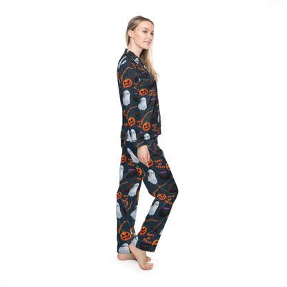 Halloween Trick or Treat Ghosts Witch Hats Jack o Lanterns Women's Satin Pajamas (AOP)