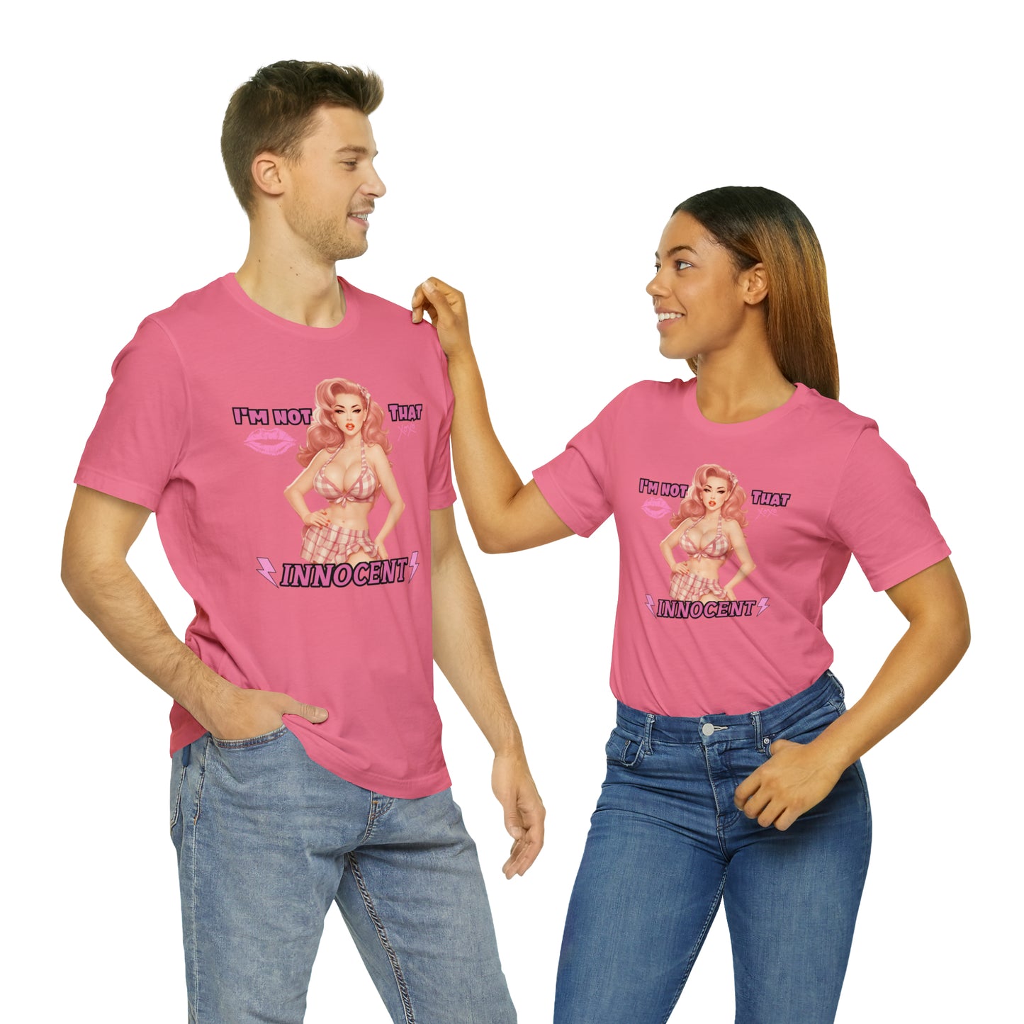 Timeless Elegance: Vintage Pink Pinup Girl "I'm not that Innocent on a Bella+Canva 3001 Unisex Jersey T-Shirt - A Must-Have Gift for her