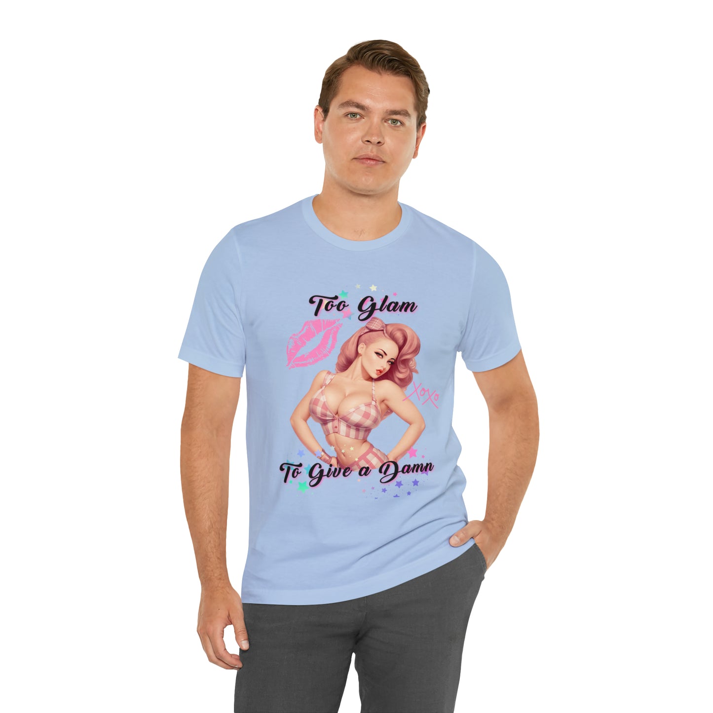 Vintage Pink Pinup Girl "Too Glam To Give a D*mn" on a Bella+Canva 3001 Unisex Jersey T-Shirt - A Must-Have Gift for her