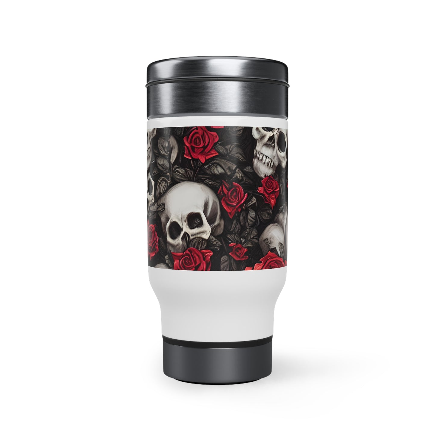 Hyper Realistic Skulls and Red Roses by artist Anne-Laure Goupil Stainless Steel Travel Mug with Handle, 14oz