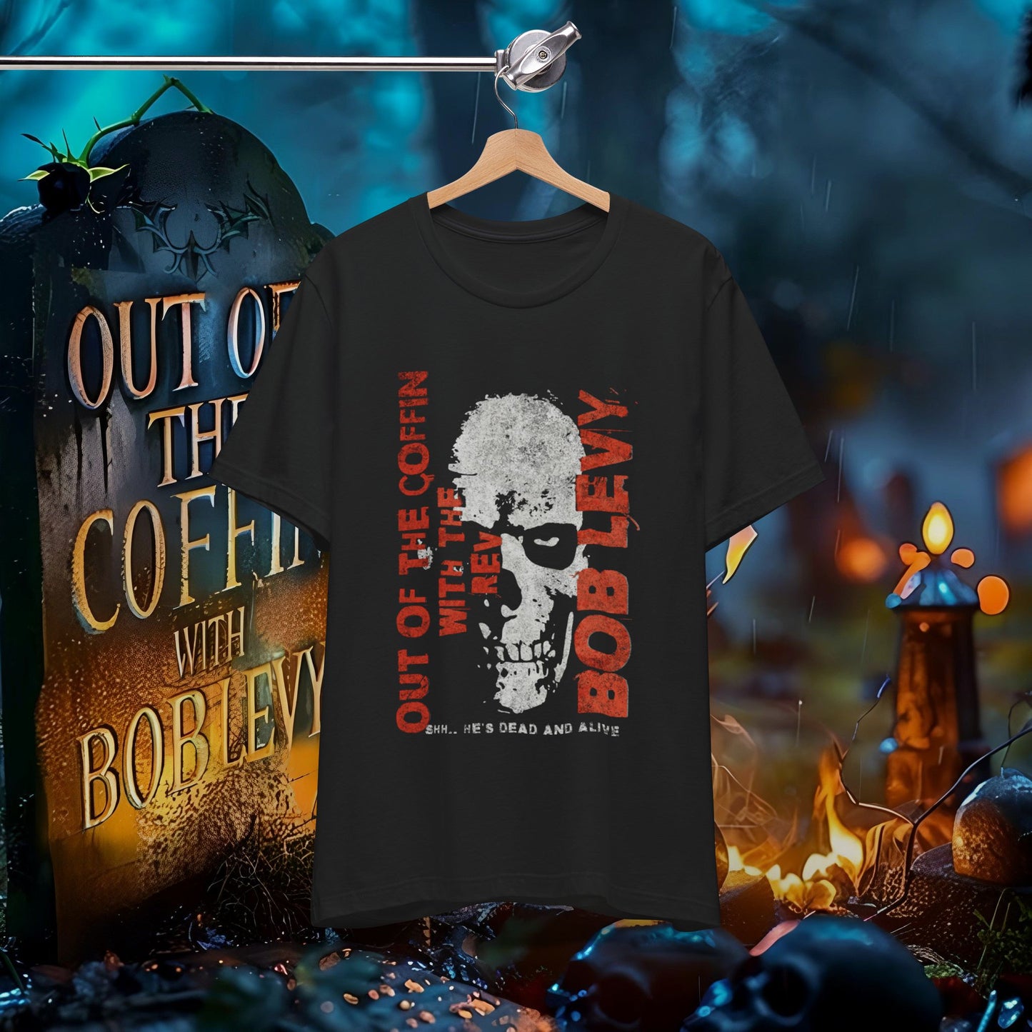 Out of the Coffin with the Rev Bob Levy No Stress Tee #levyverse In Multiple Sizes