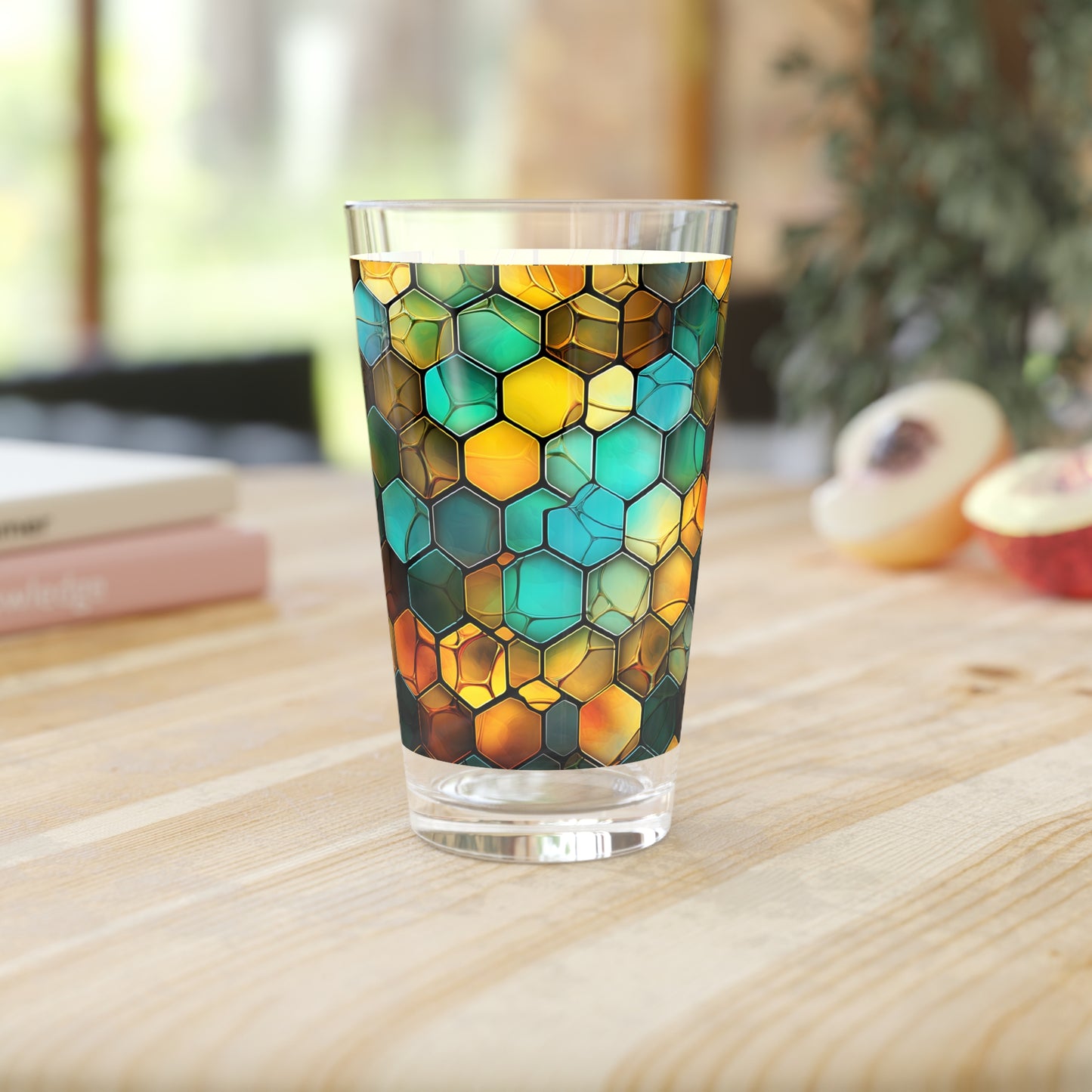 Buzzing Beauty: A Blue and Yellow Honeycomb Stained Glass Artwork on a 16oz Pint Glass Gift idea gifts for home decor housewarming gift