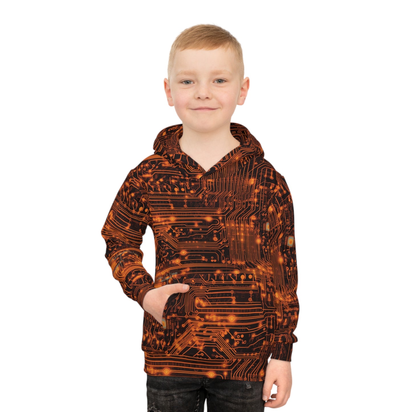 Tech Adventure Awaits: All Over Print Children's Hoodie with Orange Circuit Board and Robotic Bug Children's Hoodie (AOP)