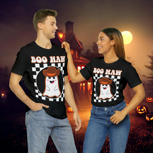 Cute Cowboy Ghost Saying Boo Haw Retro Groovy Western Halloween Unisex Jersey Short Sleeve Tee Gifts for Him Gifts For Her