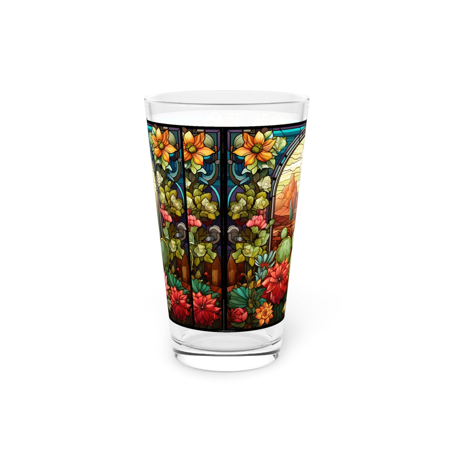 Desert Bloom: A Stained Glass Tribute to Cacti 16oz Pint Glass Gift idea gifts for home decor housewarming gift