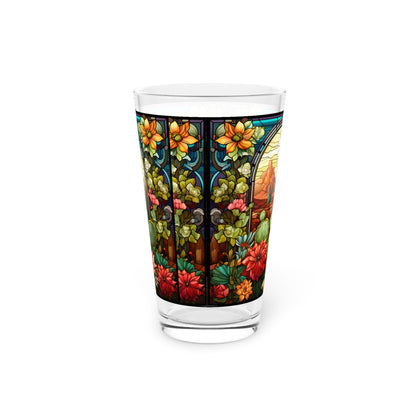 Desert Bloom: A Stained Glass Tribute to Cacti 16oz Pint Glass Gift idea gifts for home decor housewarming gift