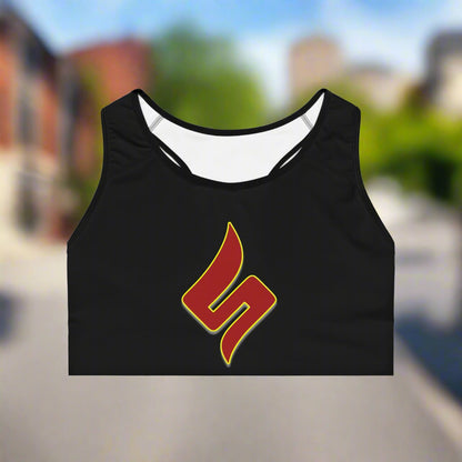 Black crop top with a red and yellow logo on a white background
