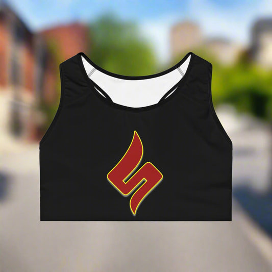 Black crop top with a red and yellow logo on a white background