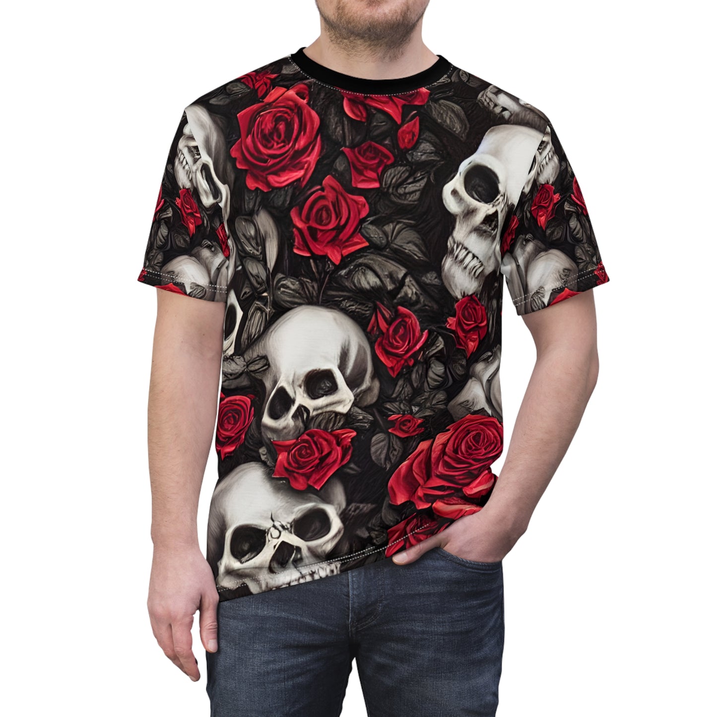 Hyper Realistic Skulls and Red Roses by artist Anne-Laure Goupil Unisex Cut & Sew Tee (AOP)