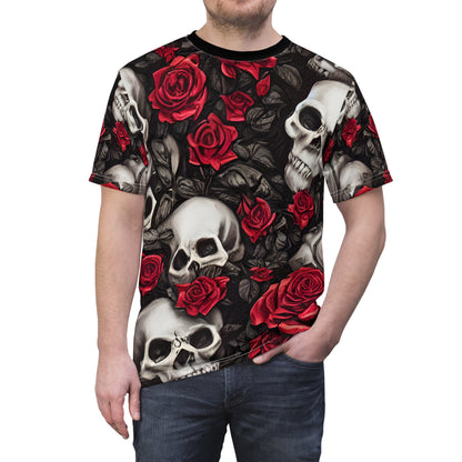 Hyper Realistic Skulls and Red Roses by artist Anne-Laure Goupil Unisex Cut & Sew Tee (AOP)