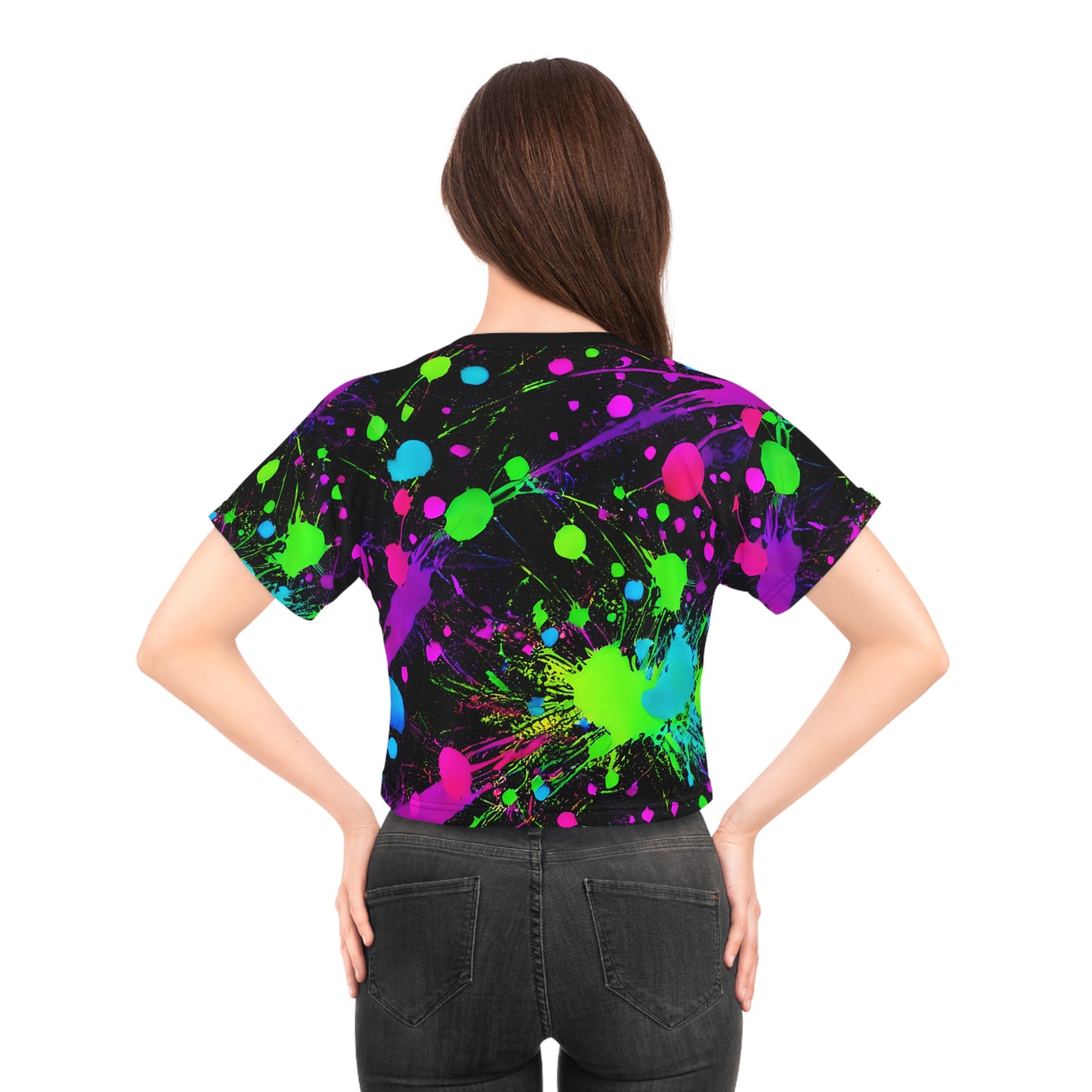 "Green and Pink Paint Splatter Crop Tee (AOP) - Trendy and Vibrant Statement Piece Crop Tee (AOP)