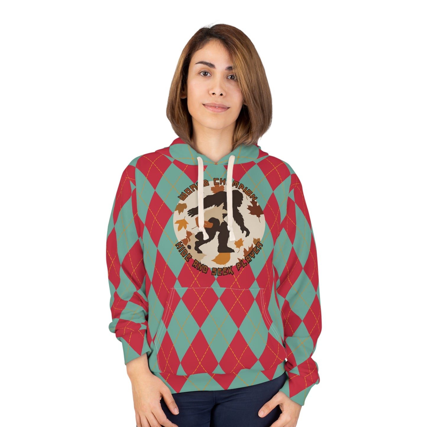 Bigfoot in Fall Leaves Plaid Unisex Pullover Hoodie (AOP) - World Champion Hide and Seek Player