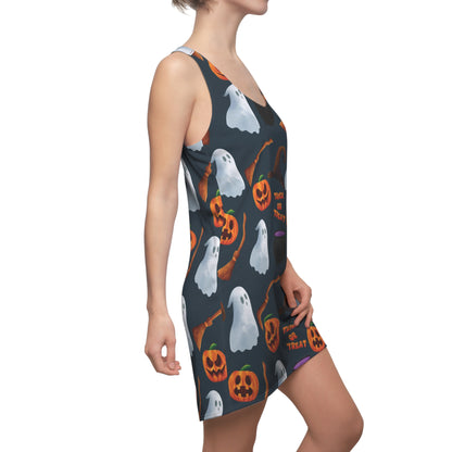 Halloween Trick or Treat Ghosts Witch Hats Jack o Lanterns Women's Cut & Sew Racerback Dress (AOP)