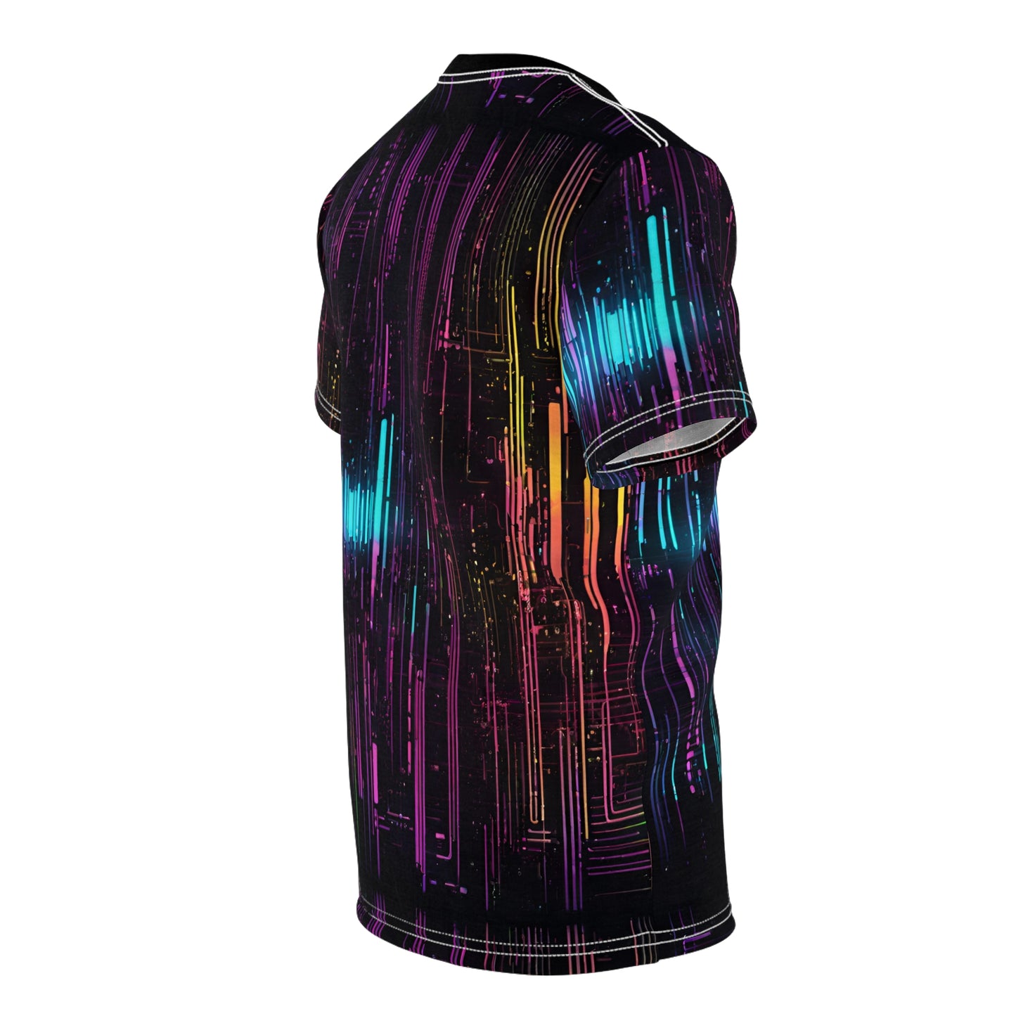 Unisex Cut & Sew Tee (AOP) - Futuristic Neon Lights on Circuit Board Cyberpunk