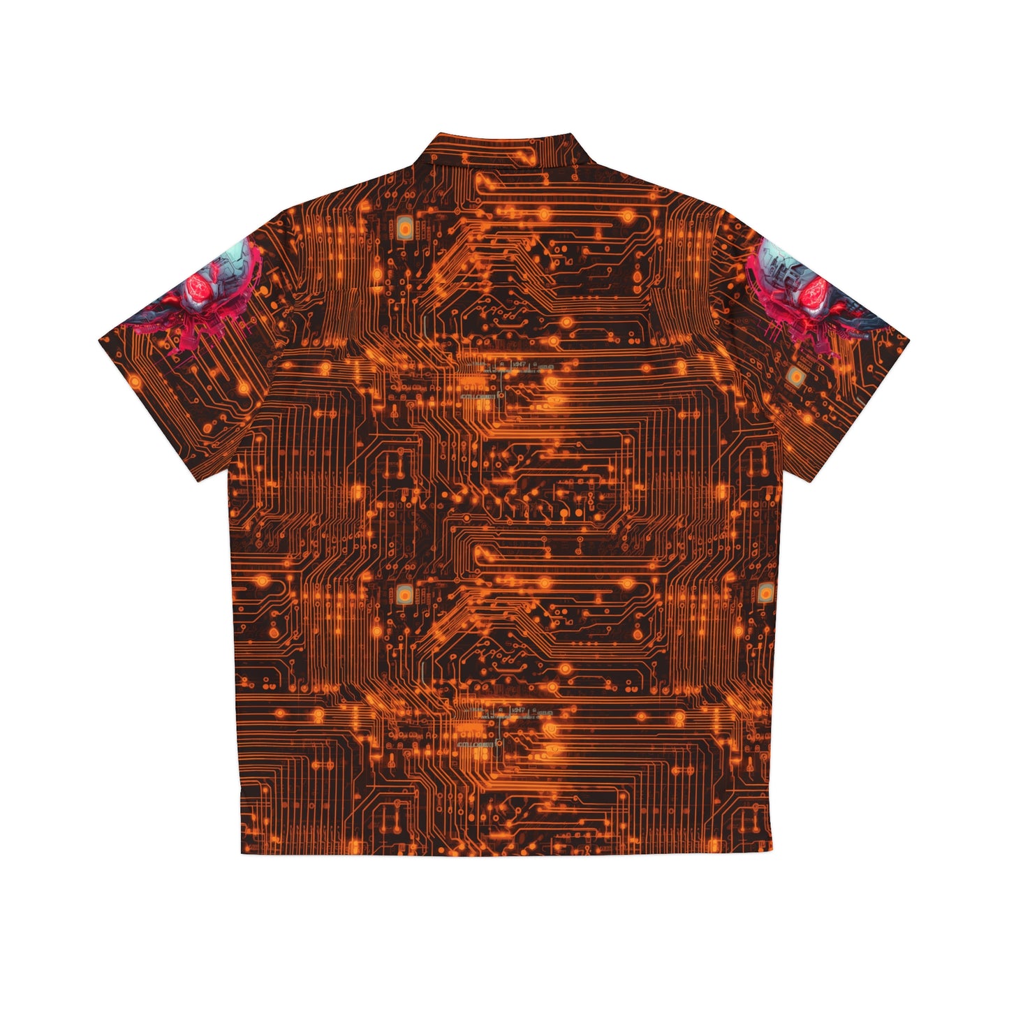 CyberPunk Cybernetic Skull breaking through a Orange Neon Circuit Board Men's Hawaiian Shirt (AOP)