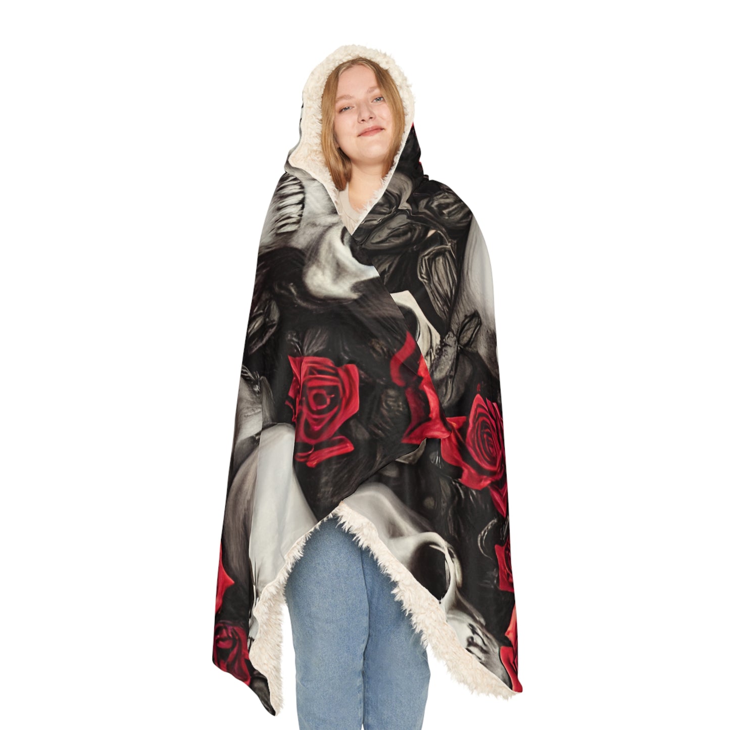 Artistry in Every Thread: AOP Snuggle Blanket with Hyper-Realistic Skulls and Red Roses by Anne-Laure Goupil