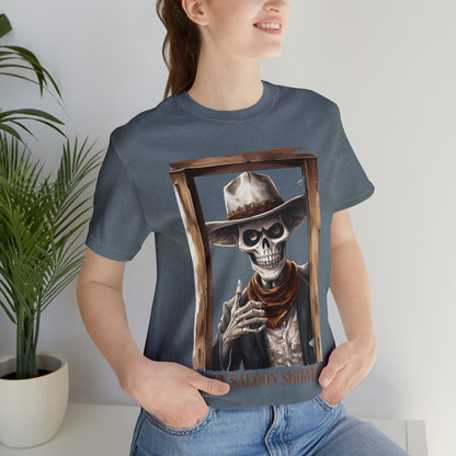 Spooky Saloon Showdown Gunslinging Skeleton Cowboy Halloween Unisex Jersey Short Sleeve Tee