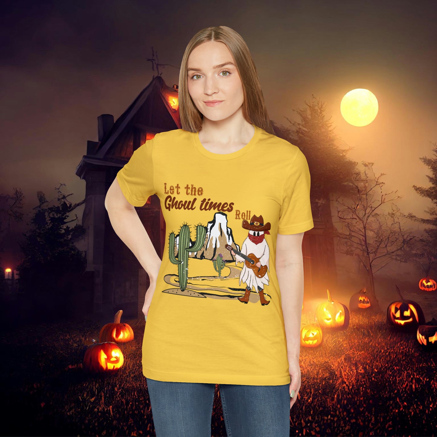 Cowboy Ghost playing the Guitar singing Let the Ghoul times roll Halloween Unisex Jersey Short Sleeve Tee Gifts for him Gifts for Her