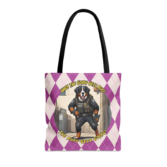 Bernese Mountain Dog Tote Bag | AOP Purple Rhombus Pattern | 'When the Going Gets Ruff, the Ruff Get Going' SWAT Gear Dog Art