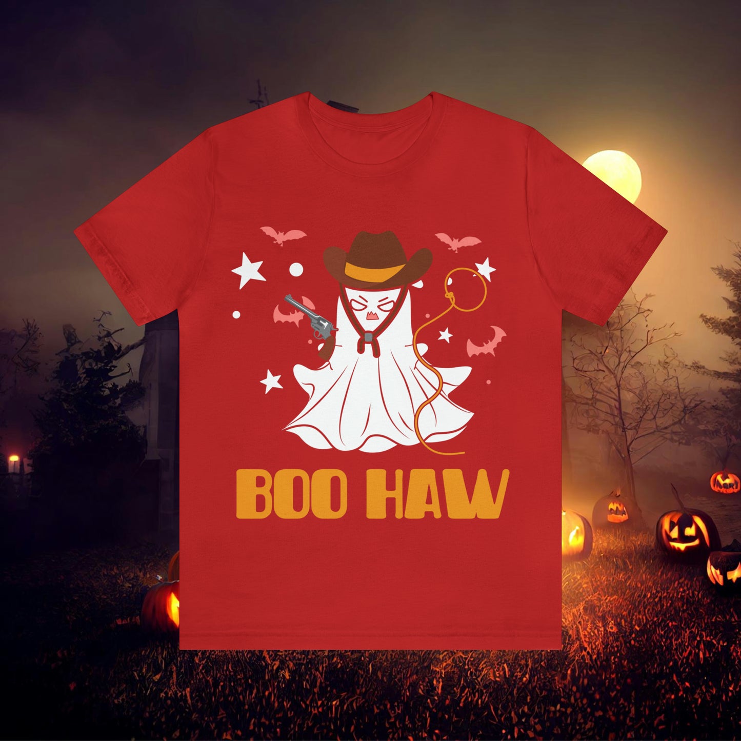 Ghost Cowboy Gunslinger saying Boo Haw Retro Western Halloween Unisex Jersey Short Sleeve Tee Gifts for Her Gifts for Him