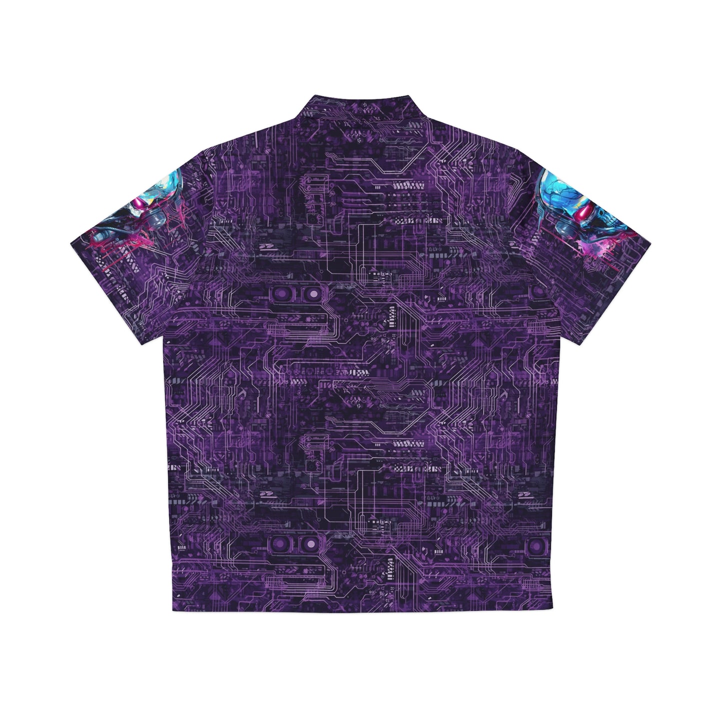 CyberPunk Cybernetic Skull breaking through a Purple Neon Circuit Board Men's Hawaiian Shirt (AOP)